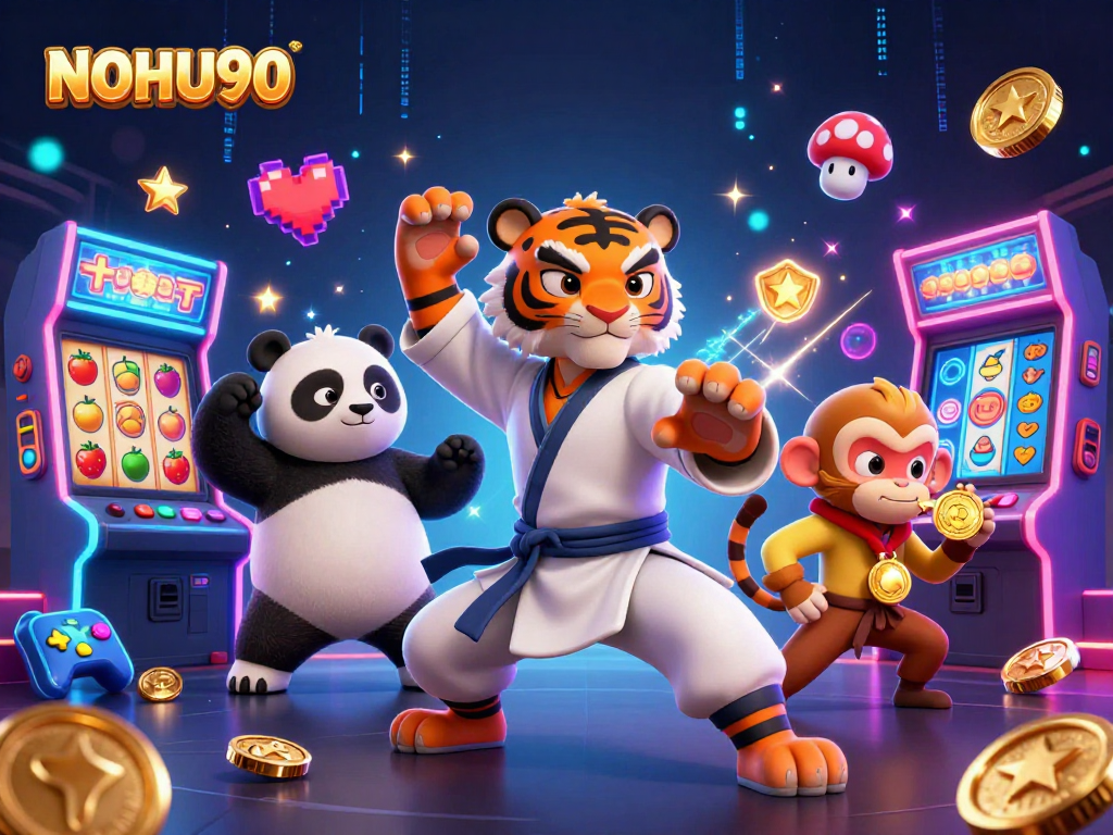 Engaging NOHU90 casino scene with kung fu tiger, panda, and monkey amidst vibrant slot machines.