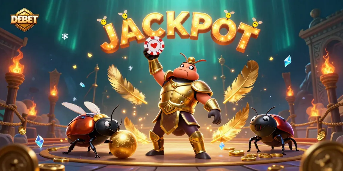 Experience the thrill of DEBET as a victorious beetle lifts a poker chip in a vibrant gaming atmosphere.