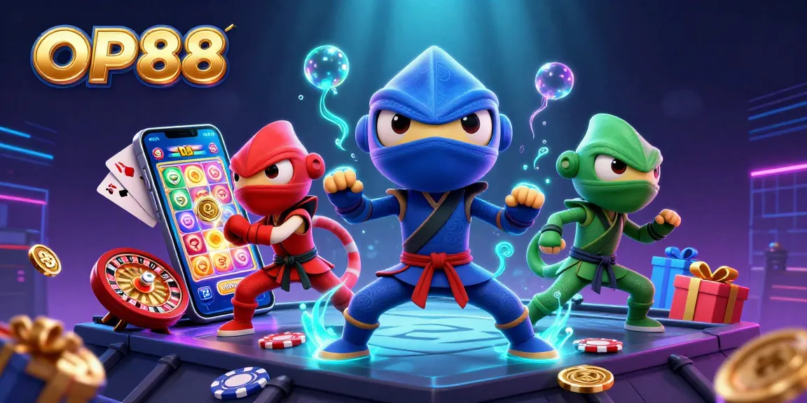 Experience the exciting entertainment of OP88 with vibrant casino games and thrilling chameleon ninjas.