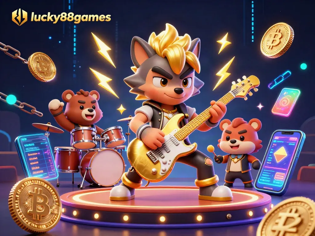 Engage with lucky88games in a vibrant casino scene featuring a rock star wolf and dancing drummer bear.