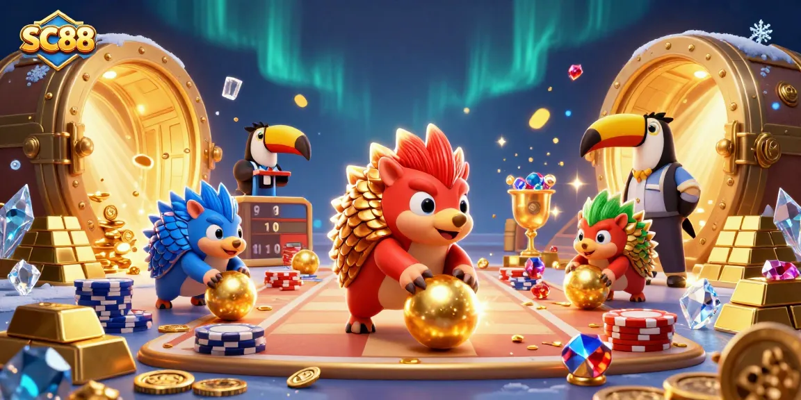 SC88 pangolins compete in an exciting casino scene filled with poker chips and treasures.
