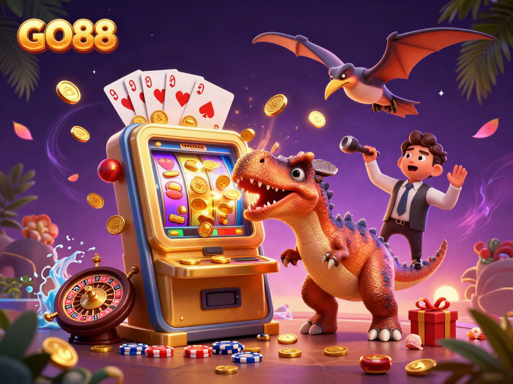 GO88 brings excitement as a pachycephalosaurus wins jackpots, with coins flying through the air.