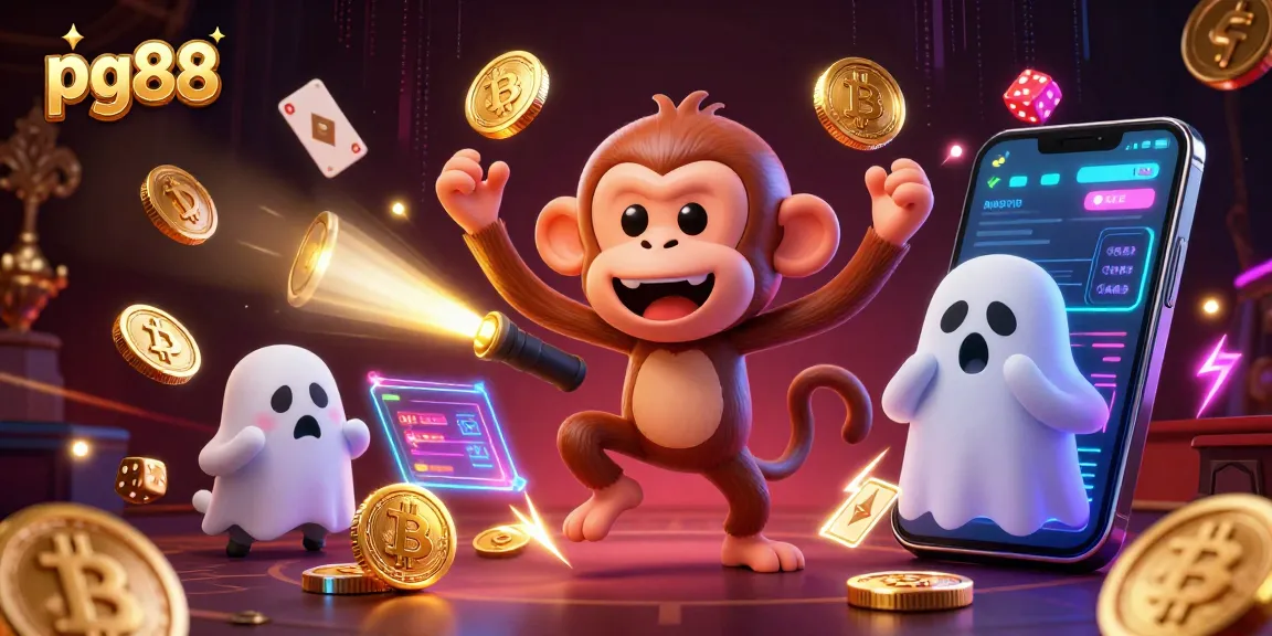 pg88 showcases a lively casino scene with a mischievous poltergeist monkey juggling coins and a curious puppy tracking the action.