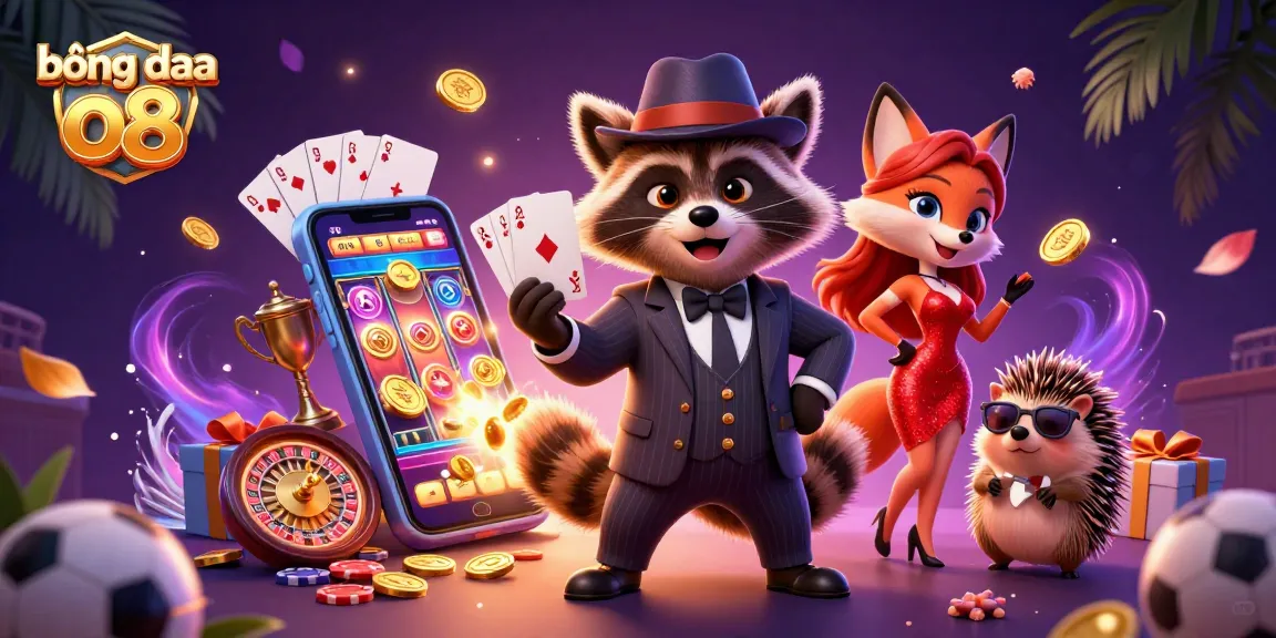 Experience thrilling sports betting action with bóng đá o8 in a vibrant 3D illustration featuring raccoons and fox ladies.