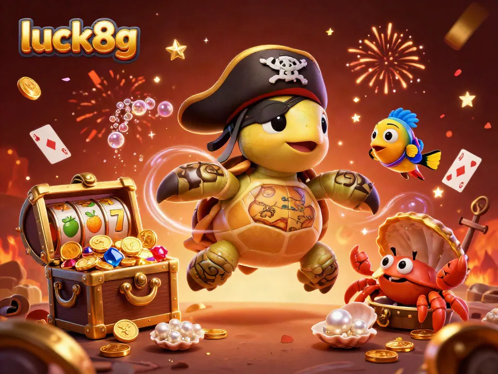 Engage with luck8g's vibrant gaming scene showcasing a pirate turtle and friends amidst treasure and gaming elements.