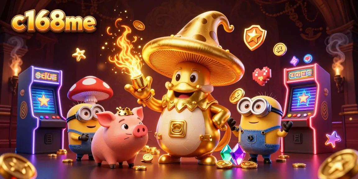 Experience winning with c168me in a vibrant 3D gaming illustration filled with treasures and magical characters.