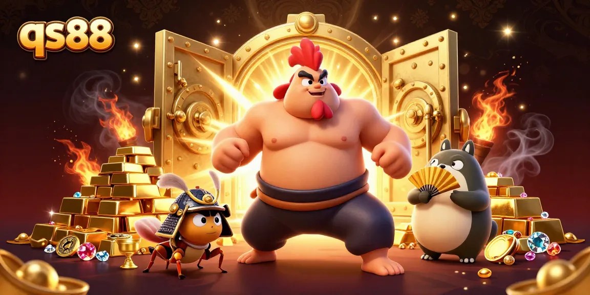 qs88 features a powerful sumo wrestler around treasures in a vibrant 3D gambling scene.
