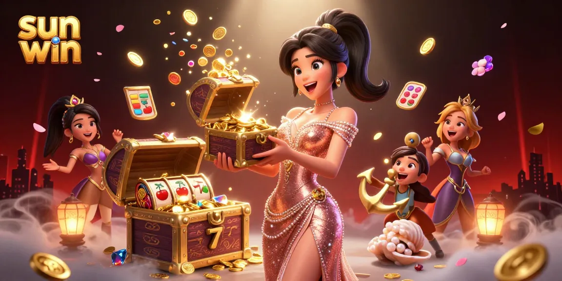 Spin and win with sun win showcased in an illustration of an Asian woman revealing treasure.