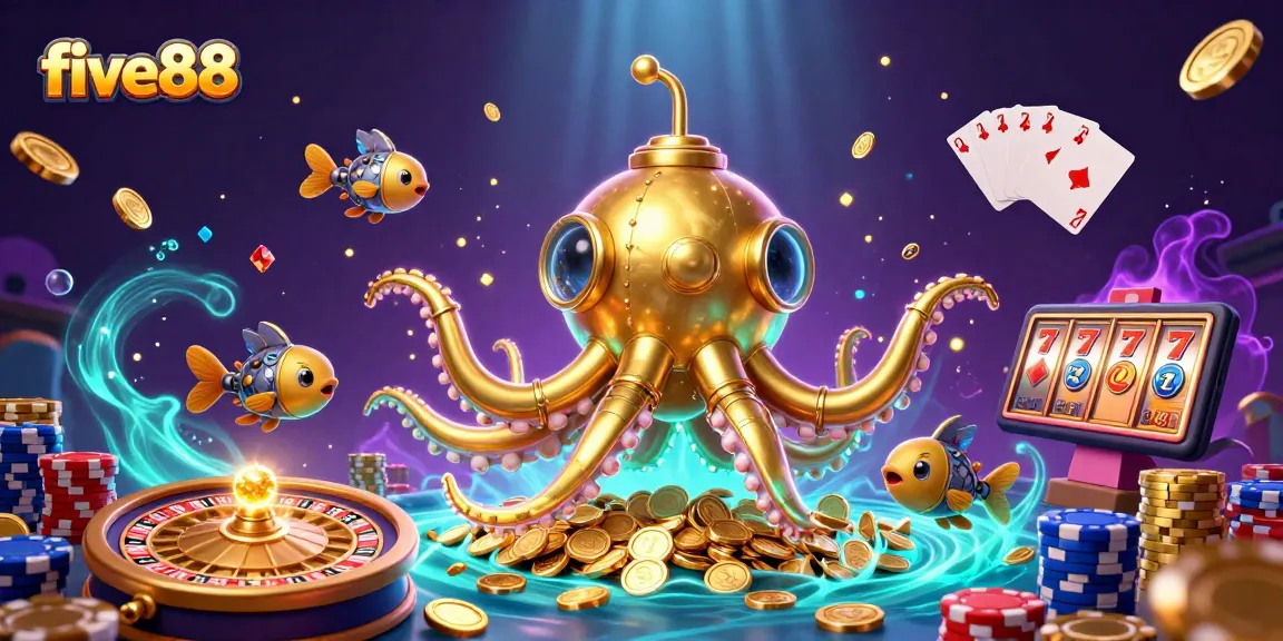Dive into the excitement of five88 as the golden kraken submarine emerges from gold coins, showcasing lavish casino elements.
