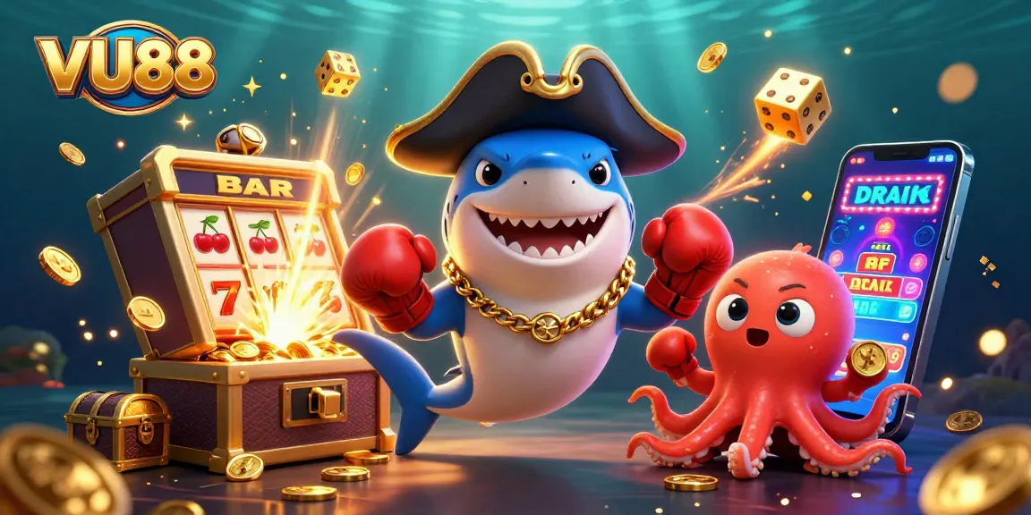 Engage in thrilling gameplay at VU88 with cartoon characters celebrating jackpots amidst a dynamic casino scene.