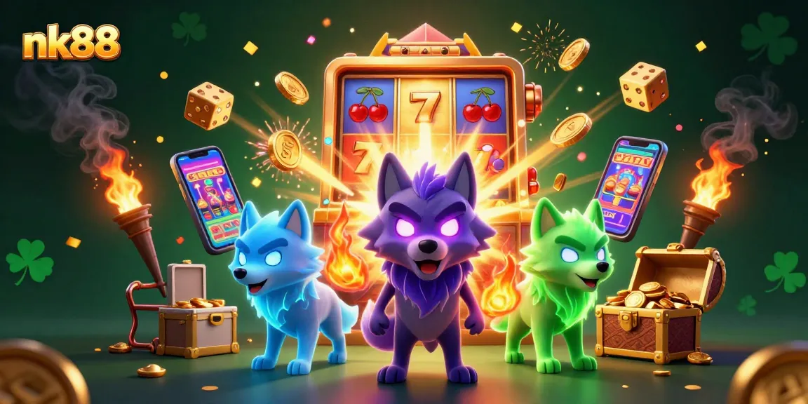Experience thrilling winnings at nk88 with an exciting 3D illustration featuring ghostly wolves and colorful slot gaming elements.