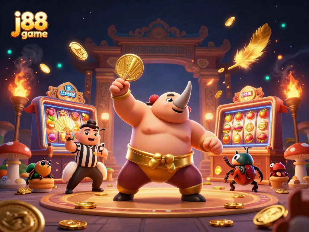 Experience the excitement of j88 game with a dynamic illustration of a beetle sumo champion stomping gold coins.