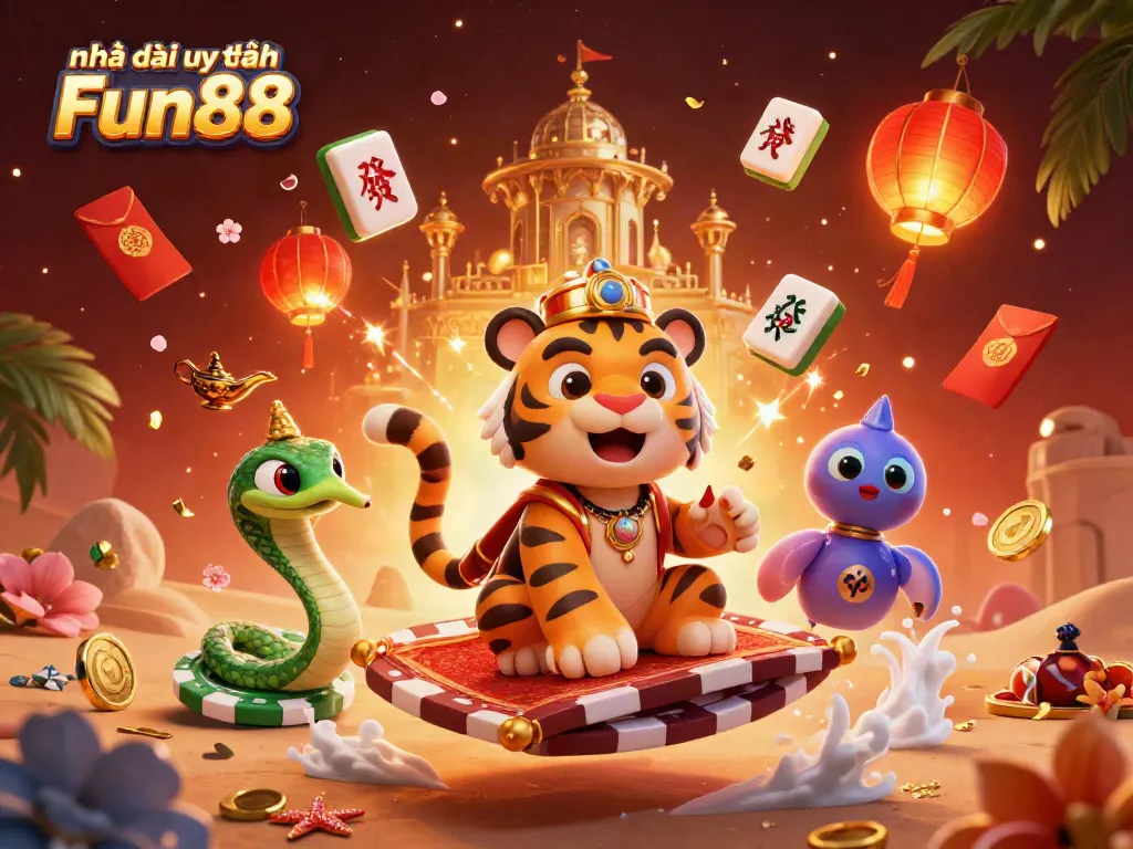 Experience the thrill of Nhà cái uy tín Fun88 in this dynamic 3D casino scene featuring a vibrant tiger sultan and game elements.