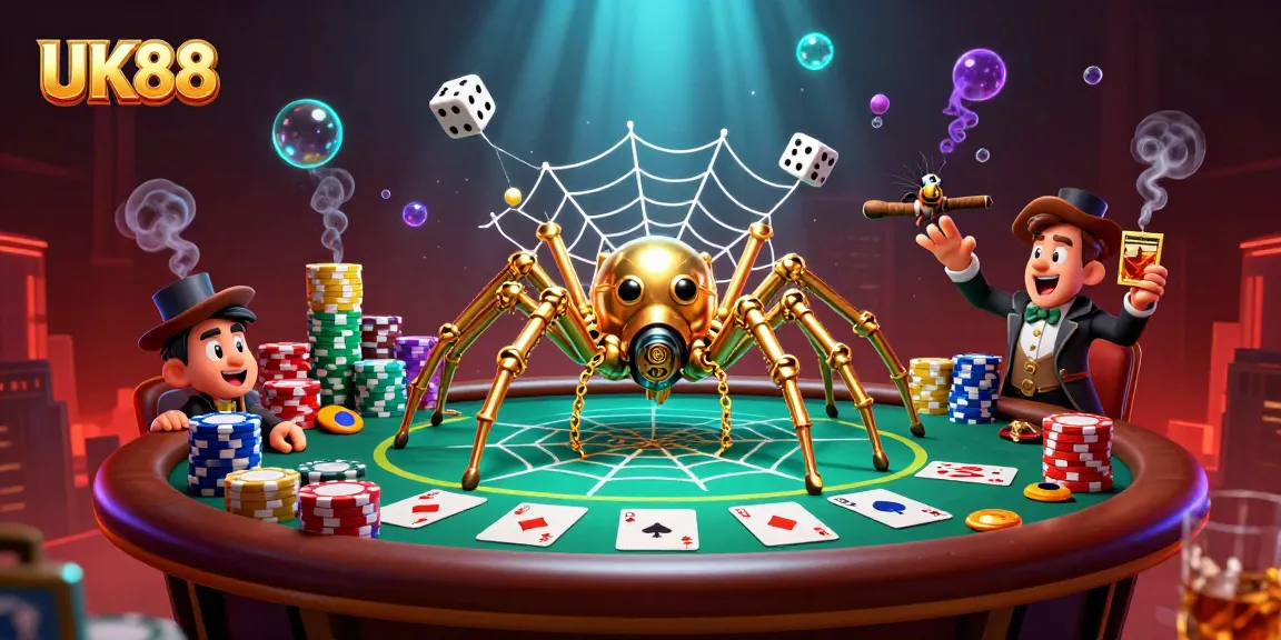Catch winning moments with UK88 in this vibrant 3D casino scene featuring poker and steampunk elements.