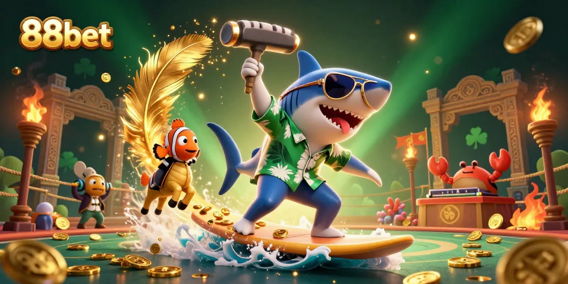Join 88bet's thrilling world with a vibrant shark surfing on gold coins amidst a rich casino scene.