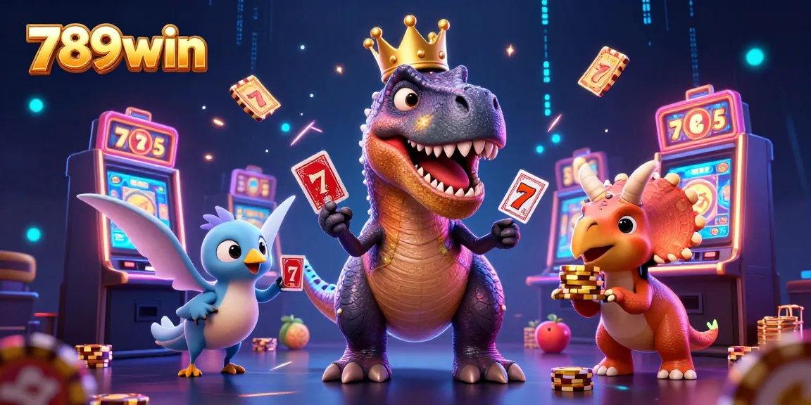 Play exciting slots at 789win with a lively T-Rex and friends in a vibrant casino scene