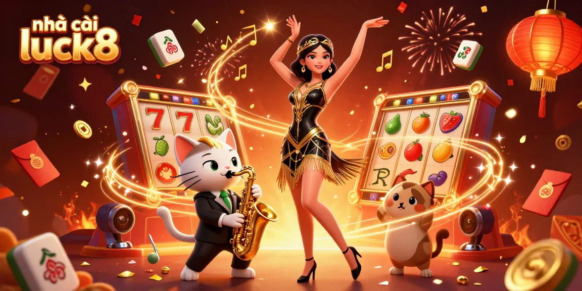 Engage with nhà cái luck8's thrilling casino experience amidst colorful 3D festive elements.