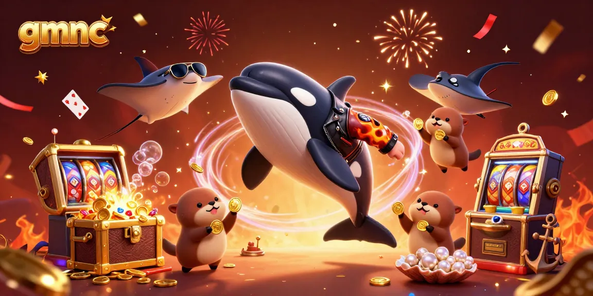 gmnc presents a vibrant casino illustration showcasing playful characters amidst glowing slot machines and treasures.