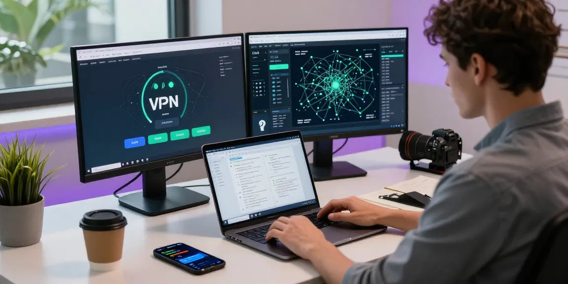 在现代办公室中，快速使用 quickq电脑版 的年轻专业人士，展示高效的VPN体验。