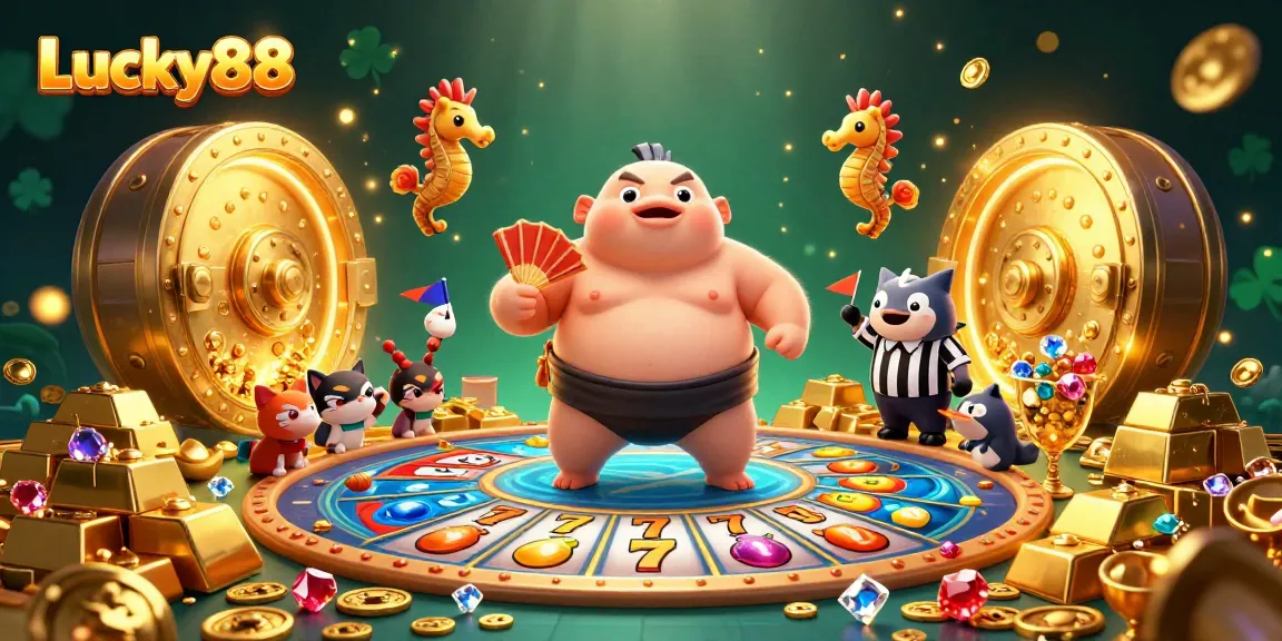 Spin and win at Lucky88 while enjoying the dynamic underwater scene with animated slot reels and gold treasures.