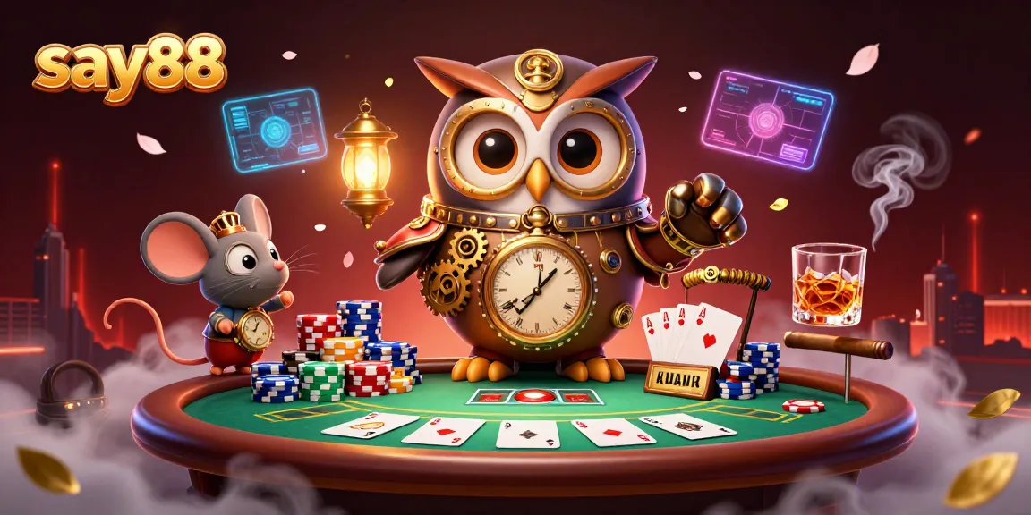 Experience thrilling gaming at say88 with an action-packed casino scene featuring a time-traveling owl.