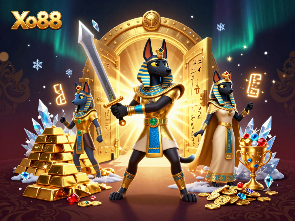 Xo88 brings fortune with treasures and fun, featuring Anubis and Bastet in dynamic casino illustration.