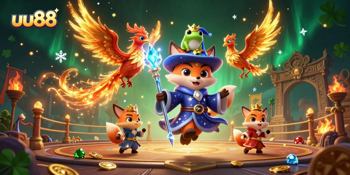 Play and win big at uu88 with a mystical wizard fox, phoenix, and enchanted frog in a dynamic casino scene.