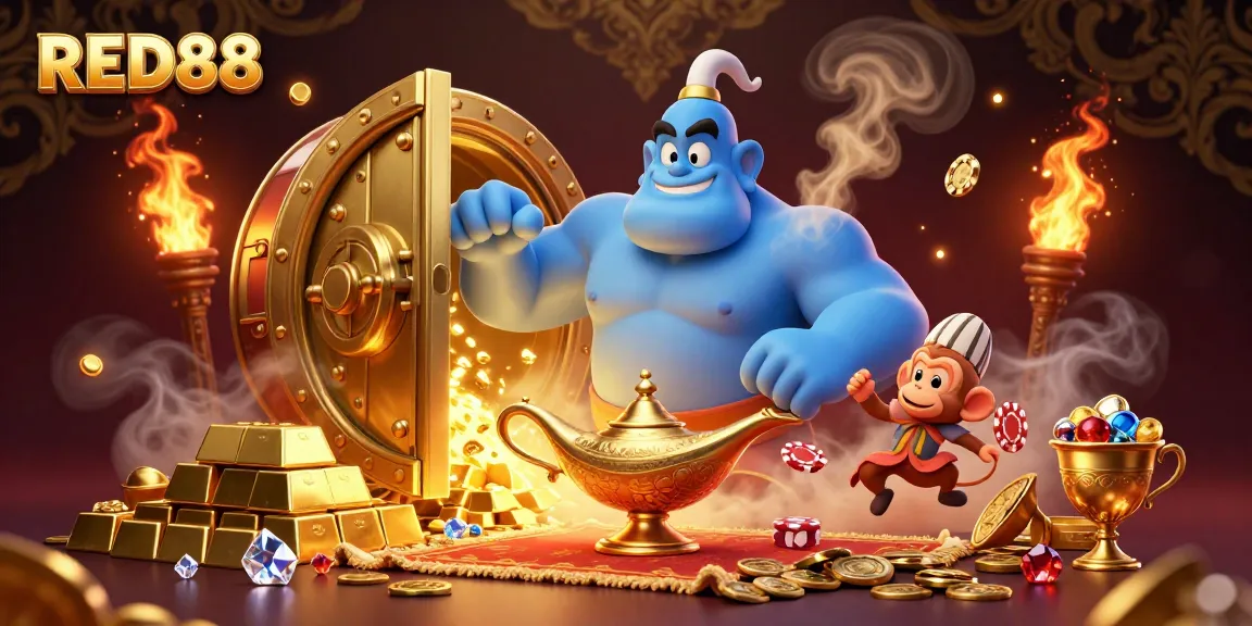 Experience the excitement at RED88 with this vibrant casino scene featuring a genie and treasures.