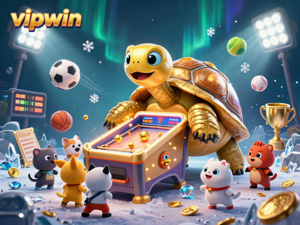 Experience excitement at vipwin with a colossal tortoise pinball machine surrounded by sports elements and small animals.