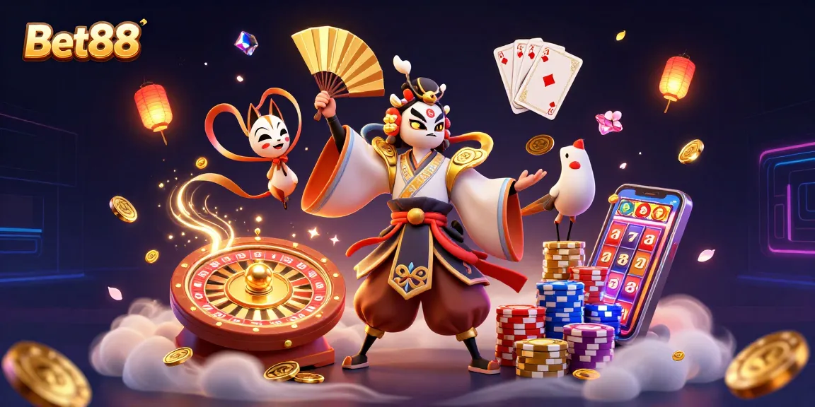 Engage with Bet88's dynamic gaming experience through vibrant 3D casino illustration showcasing action and excitement.