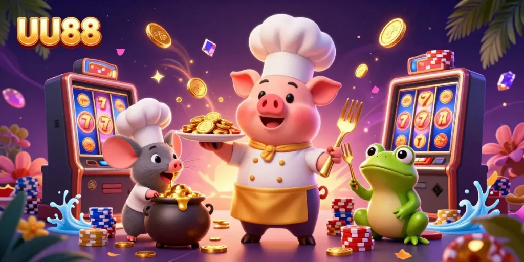 Engaging UU88 online casino scene with animated characters showcasing slots, coins, and poker chips.