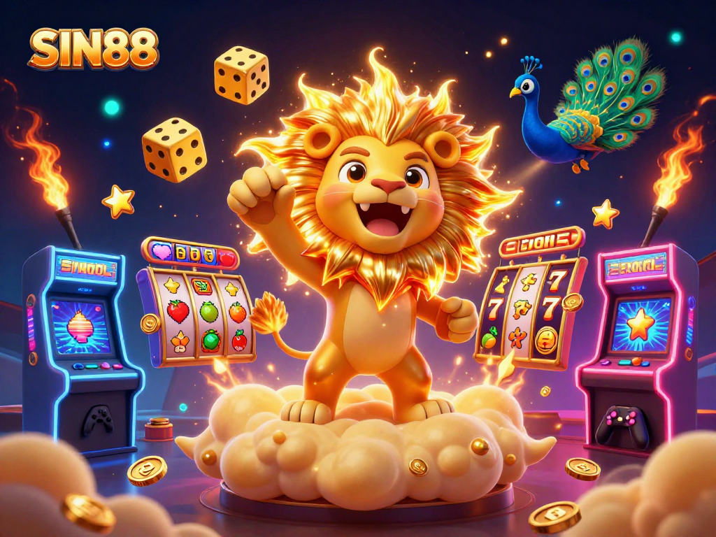 SIN88 showcases vibrant 3D casino elements with a golden lion, dice, and dynamic gaming icons.