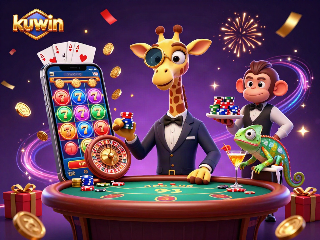 Kuwin casino scene featuring a high-roller giraffe at a poker table, monkey valet, and chameleon bartender amidst vibrant gaming elements.