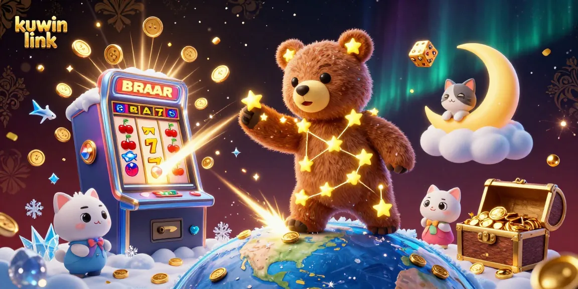 Experience the excitement of kuwin link as golden coins rain down from a constellation bear in this vibrant casino illustration.