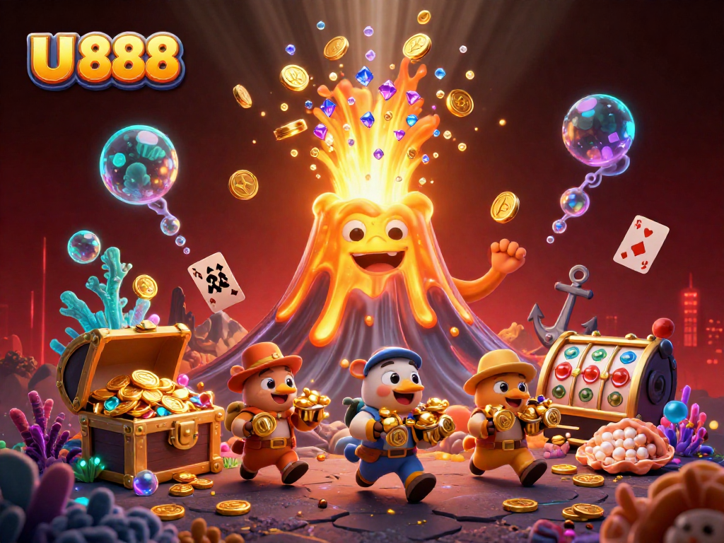 Experience the thrilling eruption of treasure and excitement at U 888 with gold coins and gems in this vibrant casino-themed illustration.