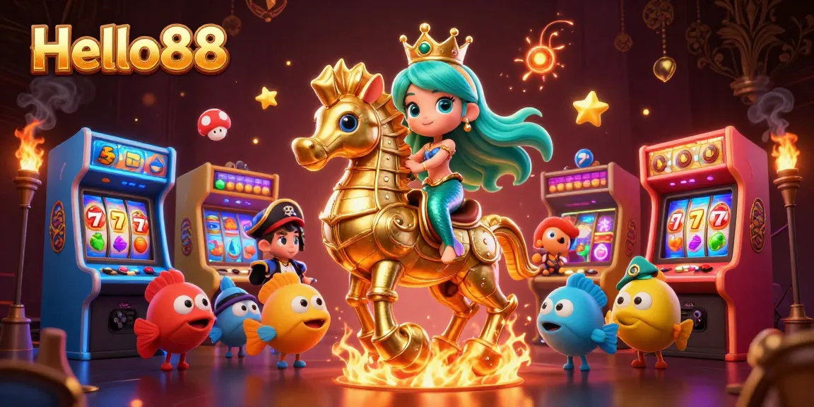Boost winnings with Hello88's vibrant 3D casino scene featuring a mermaid princess and giant seahorse.