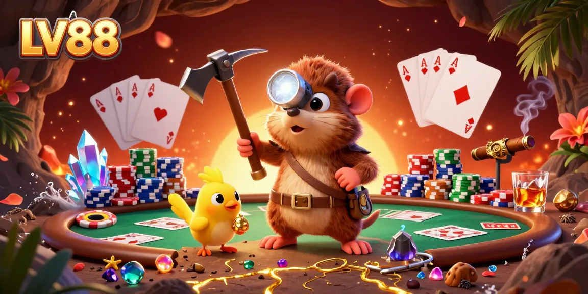 Join the LV88 treasure hunter mole as he mines fortune amid dazzling poker chips and cards