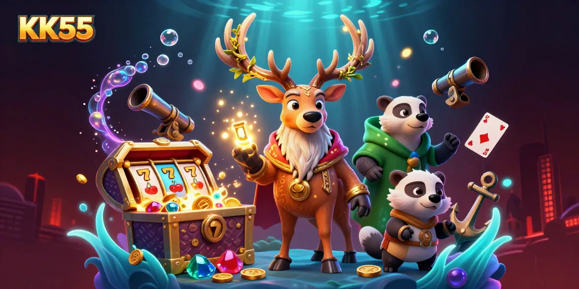 Join the adventure at KK55 with epic jackpots and vibrant slot reels in a magical scene.