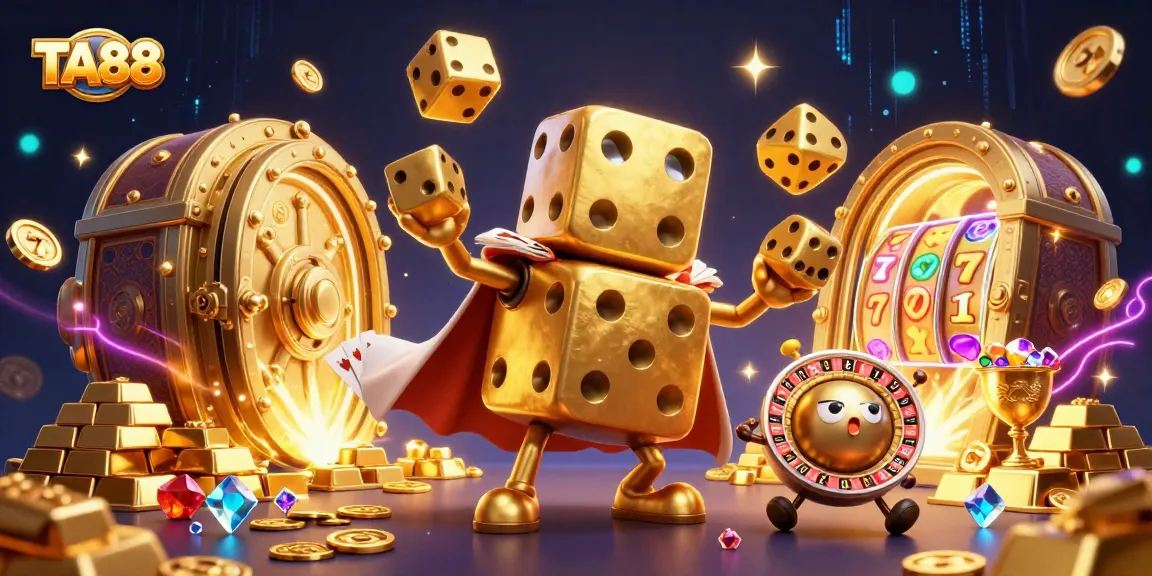 Join the excitement at TA88 with a vibrant casino scene featuring lively characters and golden treasures.