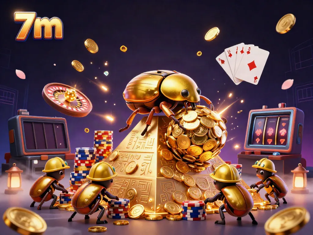 Experience the thrilling world of 7m with golden beetles, coins, and casino symbols in a dynamic scene.