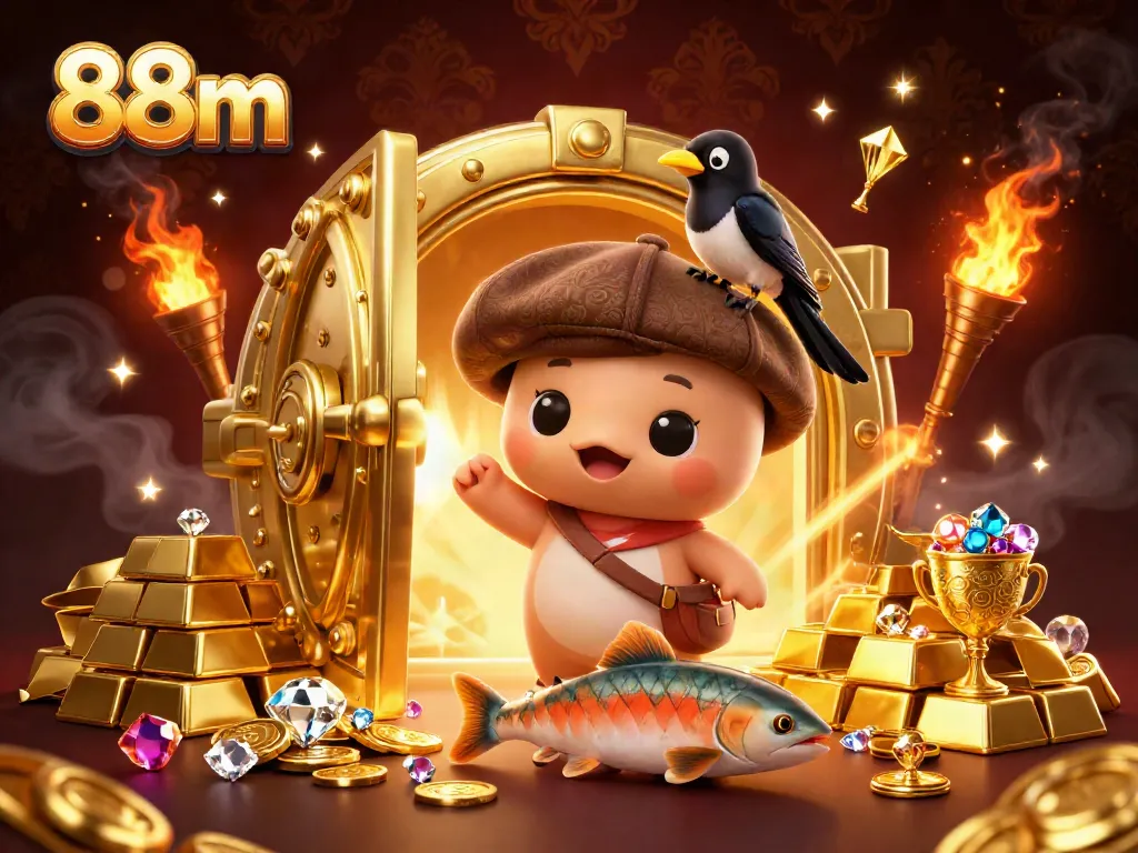 Experience thrilling winnings at 88m casino with vibrant characters surrounded by golden treasures and gems.