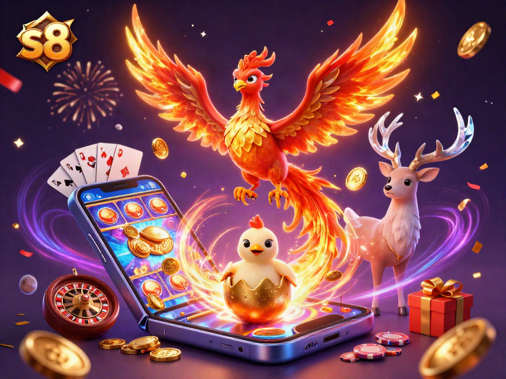Engage with s8's thrilling casino experience featuring colorful slot games and dynamic characters.