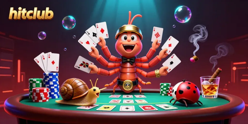 Engage with hitclub as a 3D cartoon millipede dealer showcases multiple playing cards at a vibrant casino