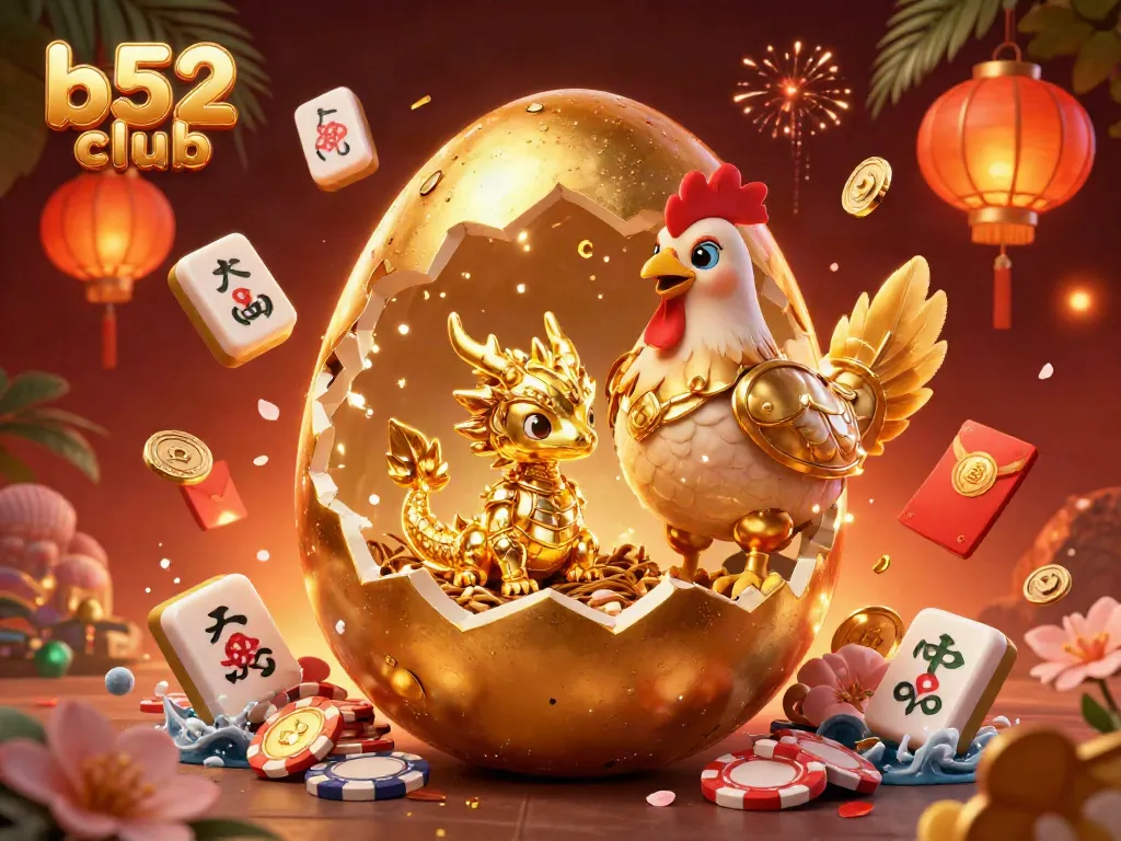 Spin the reels at b52 club, featuring a golden dragon and vibrant casino elements that enhance your gaming experience.
