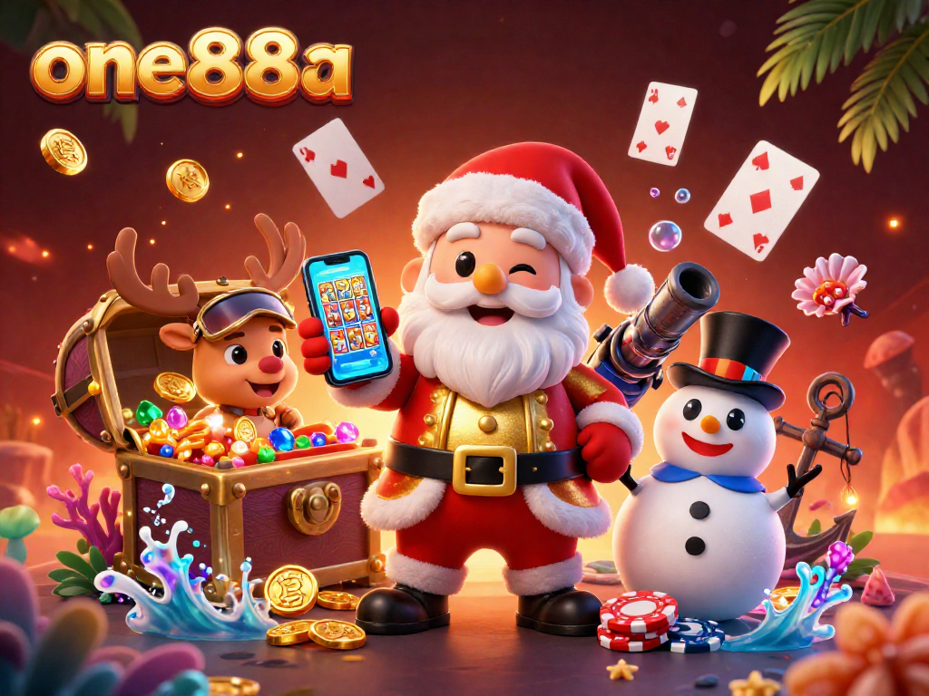 Play jackpot slots with Santa at one888a, featuring a vibrant casino scene with festive characters.
