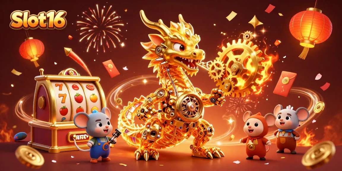 Experience the thrill of Slot16 with a golden dragon and dynamic slot symbols illuminating the scene.