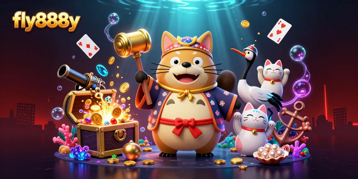 Experience winning at fly888y with vibrant casino elements surrounding cheerful tanuki and friends.