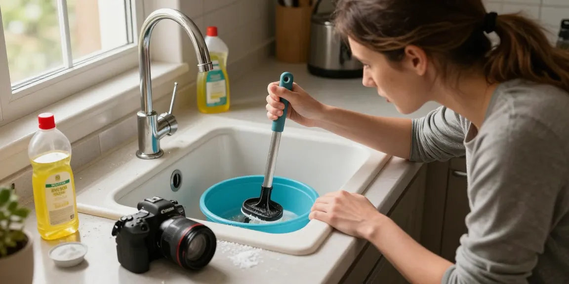 Afvoer verstopt in de keuken, huiseigenaar inspecteert gootsteen met plunjer en schoonmaakmiddelen