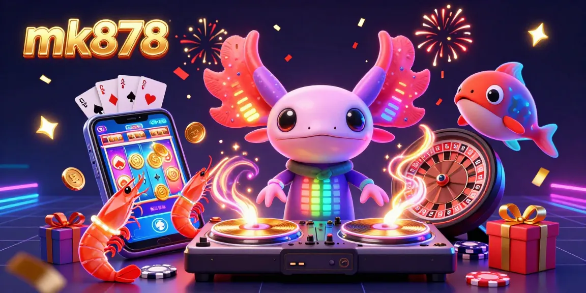 Engage with mk878's lively casino scene featuring a neon axolotl DJ, slot games, and festive energy.