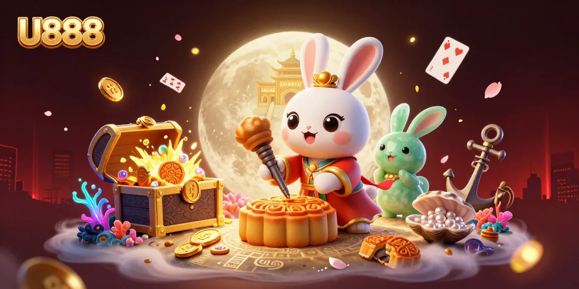 U888 showcases a vibrant lunar casino scene where the moon rabbit reveals poker chips, enriched with underwater elements.